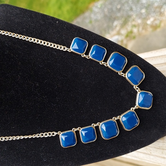 Cobalt Blue Square Stone Statement Chunky Necklace - Picture 8 of 11